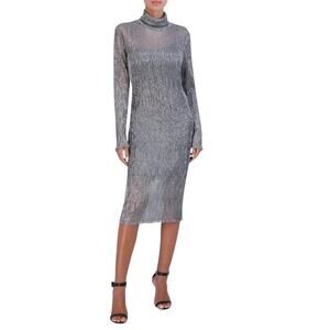 BCBGMAXAZRIA Midi Dress Large Gunmetal Glitter Mesh Bodycon Evening Glamour NEW